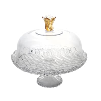 Cloche sur pied fleur en verre 30 cm transparent / cristal