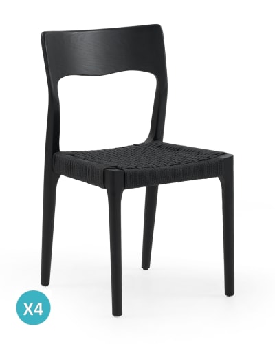 Lot de 4 chaises noires en frêne avec assise tressée
