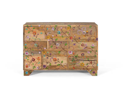 Commode avec 10 tiroirs sculptés à la main en bois de manguier