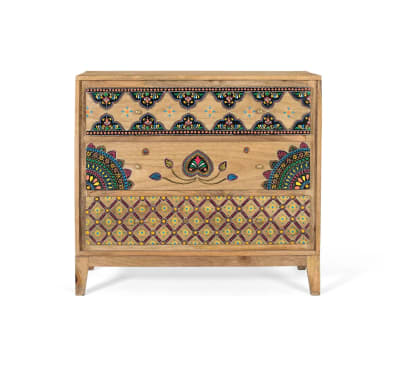 Commode en bois de manguier massif avec détails peints à la main