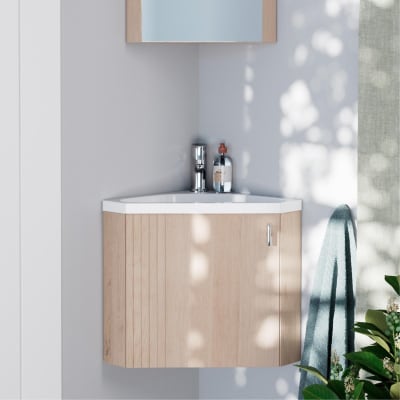 Ensemble meuble lave-mains d'angle décor chêne  + robinet