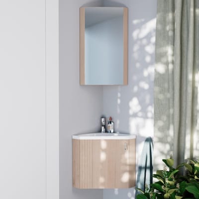 Meuble lave-mains d'angle décor chêne  + robinet + armoire miroir