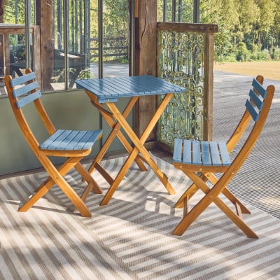 Table de jardin pliable acacia 2 chaises bleu