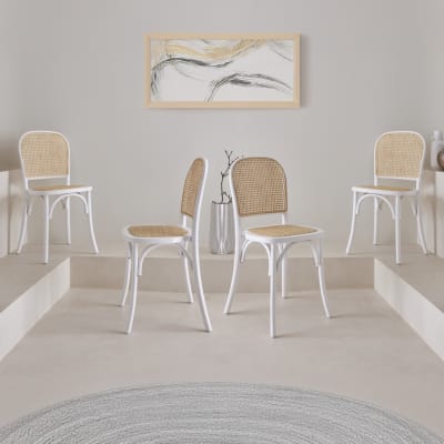 Lot de 4 chaises vintage en bois et rotin, blanc