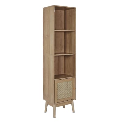 Rangement colonne 3 etagères 1 porte effet bois et façades rotin