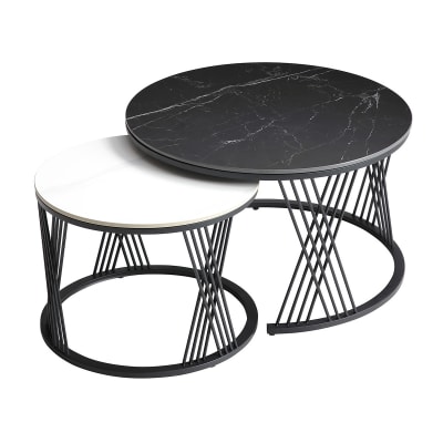 Tables  gigogne plateaux céramique marbrés noir et blanc pieds métal n