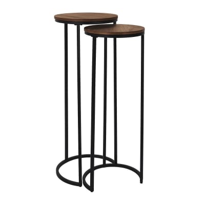 Lot de 2 selettes gigogne en métal noir et mdf imitation noyer
