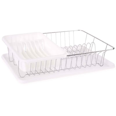 Égouttoir à vaisselle plastique blanc et métal chromé avec plateau 33.
