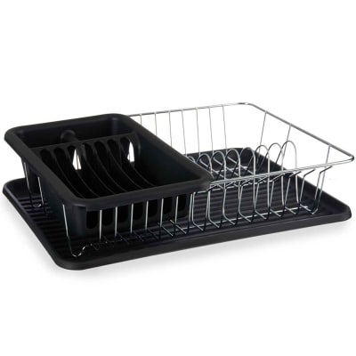 Égouttoir à vaisselle plastique noir et métal chromé avec plateau 33.5