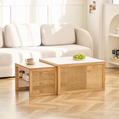 Set de 2 tables basses gigognes en rotin et plateau effet marbre