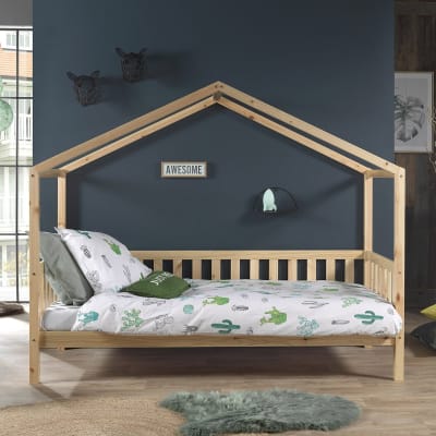 Lit maison à barrières 90x200cm pin massif naturel