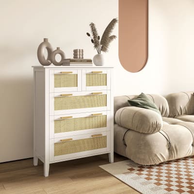 Commode 5 tiroirs cannage en rotin mdf blanc bois de pin