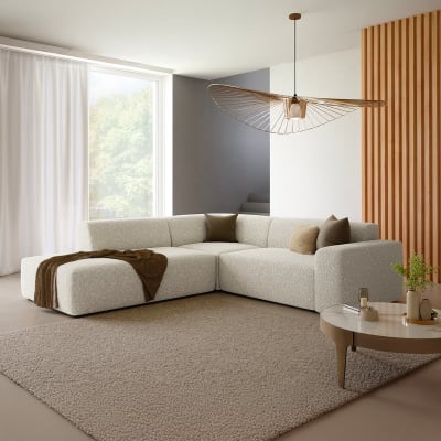 Canapé d'angle gauche 5 places coffre bois de pin beige