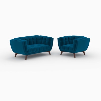 Ensemble canapé et fauteuil en velours bleu 3 places