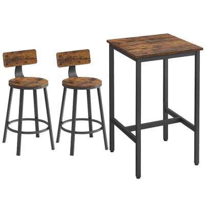 Ensemble table haute carrée avec 2 tabourets de bar marron