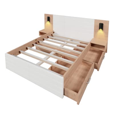 Lit double king effet bois avec 2 tiroirs USB chêne/blanc 180*200 cm