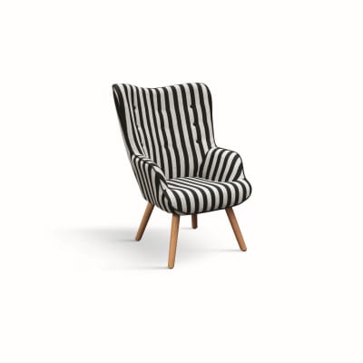 Fauteuil en tissu rayé noir et blanc, pieds en bois