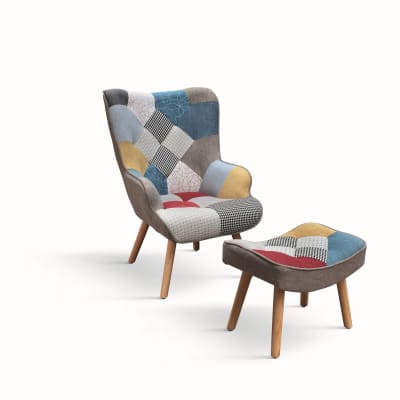 Fauteuil tissu patchwork multicolore, pieds bois, repose-pieds
