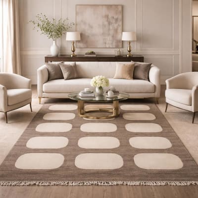 Tapis salon tissé main en laine motif rond, beige et marron 200x300