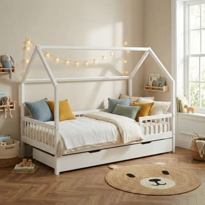 Lit cabane avec barrières pin massif blanc 90x190 tiroir inclus