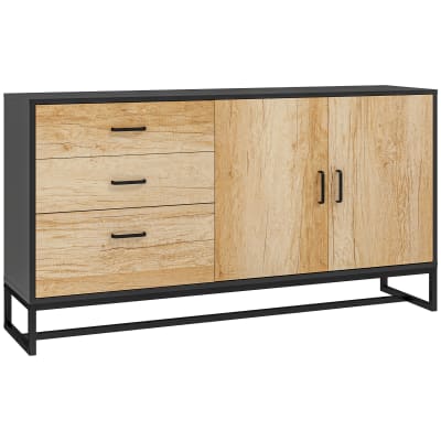 Buffet 2 portes étagère 3 tiroirs piètement acier noir effet bois