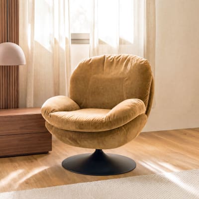 Fauteuil pivotant en tissu effet velours jaune moutarde