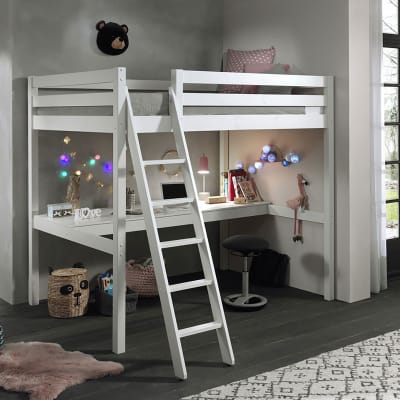 Lit mezzanine blanc 140x200cm avec bureau 205 cm