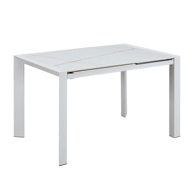 Table repas allongeable céramique marbré blanc pieds métal blanc
