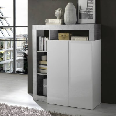 Meuble bar 2 portes blanc laqué avec niches aspect cimento