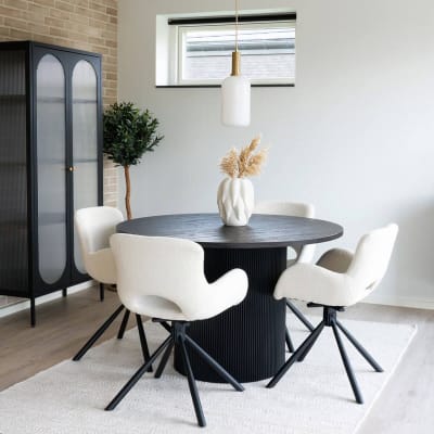 Table repas ronde 120cm pieds relief mdf effet bois foncé