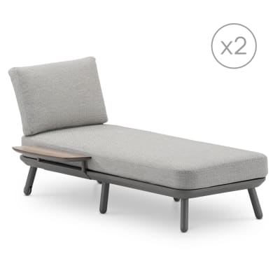 Pack 2 chaises longues et table effet bois taupe et corde beige