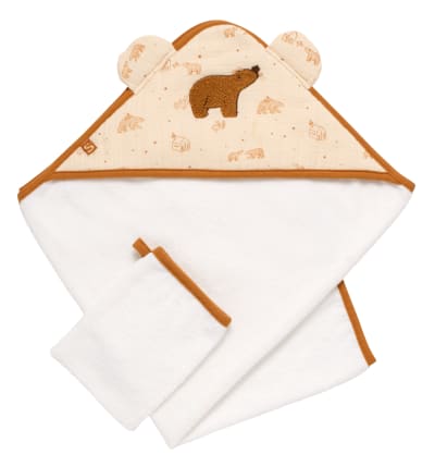 Cape de bain et gant en double gaze de coton et éponge