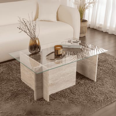 Table basse avec plateau en verre l105 cm - travertin