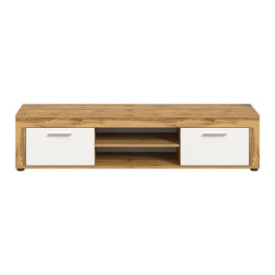 Meuble tv 2 portes abattantes et 2 niches blanc et chêne wotan l160 cm