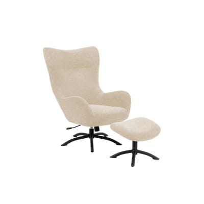 Fauteuil à oreilles pivotant avec repose-pieds en tissu crème