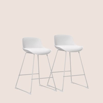 Lot de 2 tabourets de bar bas en métal et simili blanc