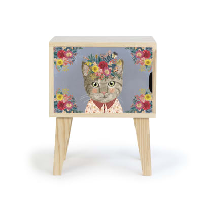 Table de chevet en pin pour enfant dessin de chat floral