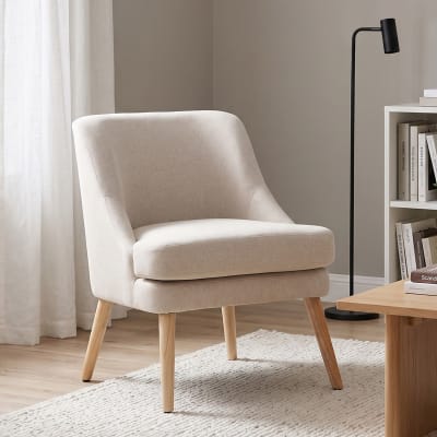Fauteuil lounge design scandinave bois tissu beige