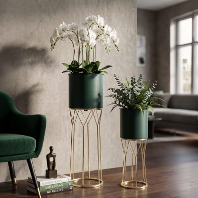 Porte-vases en métal doré et vert set 2 pièces cm ø 23x70-19x50