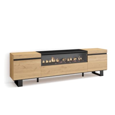 Meuble tv effet bois de chêne 200x35x57 cheminée effet feu