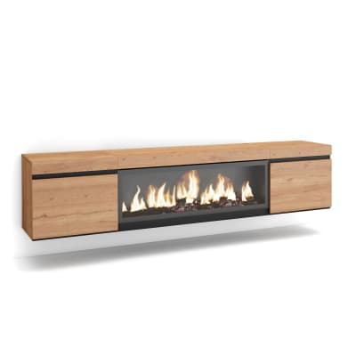 Meuble tv effet bois de chêne 208x35x45cm cheminée effet feu xxl