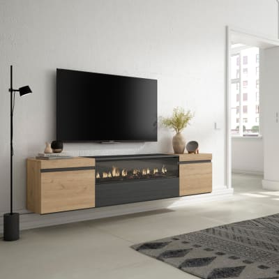 Meuble tv effet bois de chêne 200x35x45 cheminée effet feu