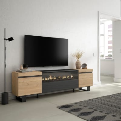Meuble tv effet bois de chêne 200x35x57 cheminée effet feu