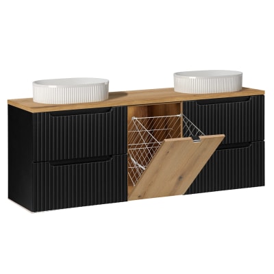 Meuble double vasque 160cm panier panneaux mélaminé et mdf noir
