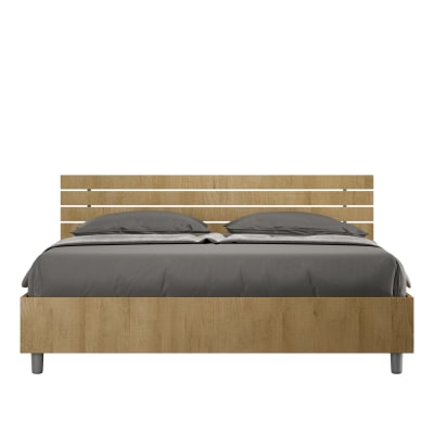 Lit coffre 160x200 tête de lit inclinée effet bois chêne nature