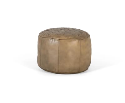 Pouf rond recouvert de cuir beige naturel