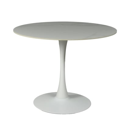 Table ronde 4 pers. Pied métal et plateau pierre sintérisée, blanc