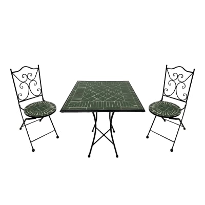 Table bistrot, 2 chaises, mosaïque, vert foncé