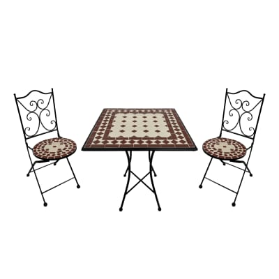 Table bistrot, 2 chaises, mosaïque, rouge/blanc