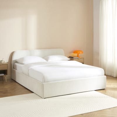 Lit coffre tissu chenille écru 160x200 sommier inclus